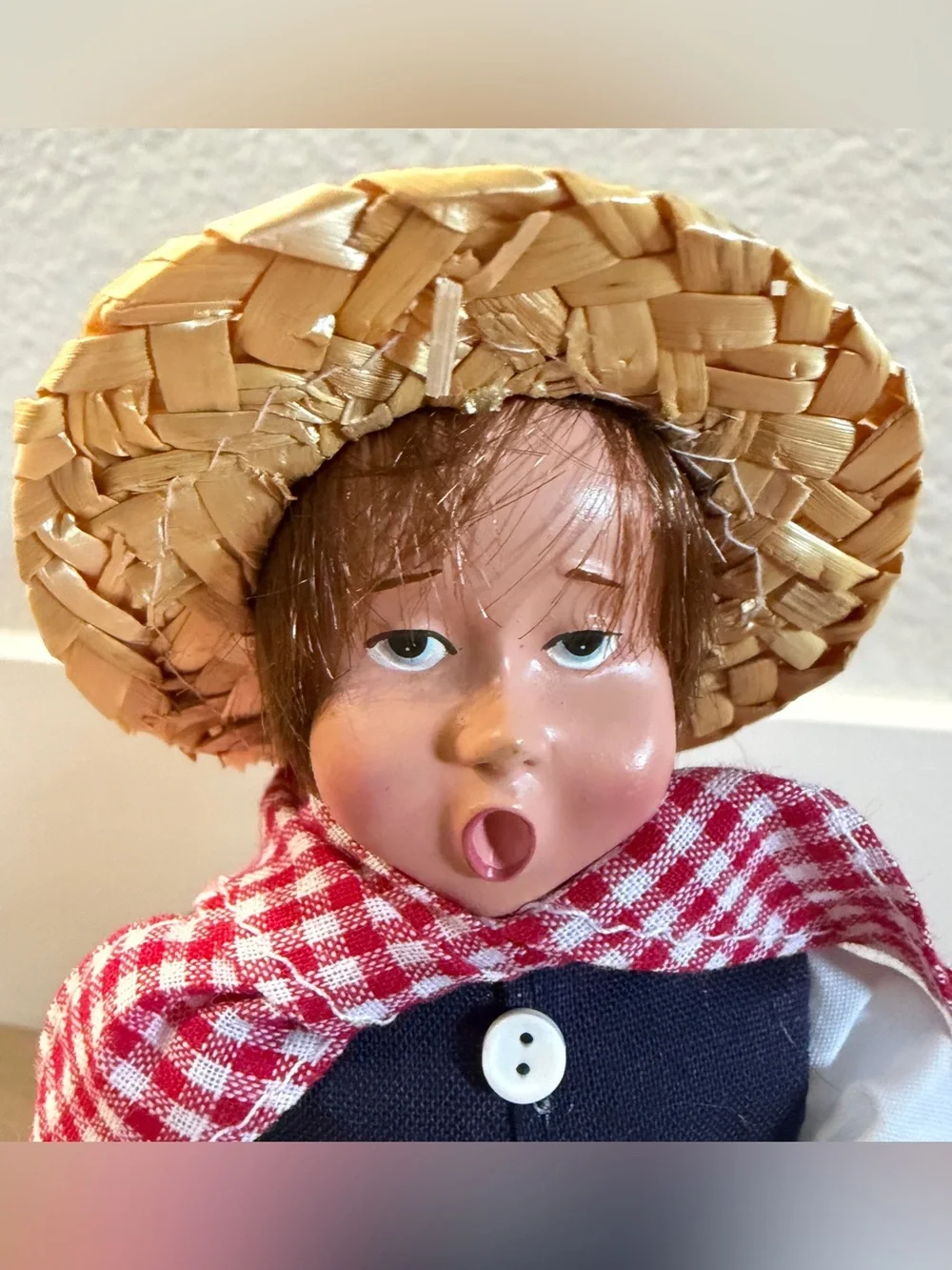 MCM Girl W/Basket Flowers and Boy with Trumpet 9” Gingham Straw Hat‎ Collectible